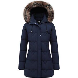 Women's Navy Waterproof Winter Coat, Long Insulated Parka with Detachable Hood